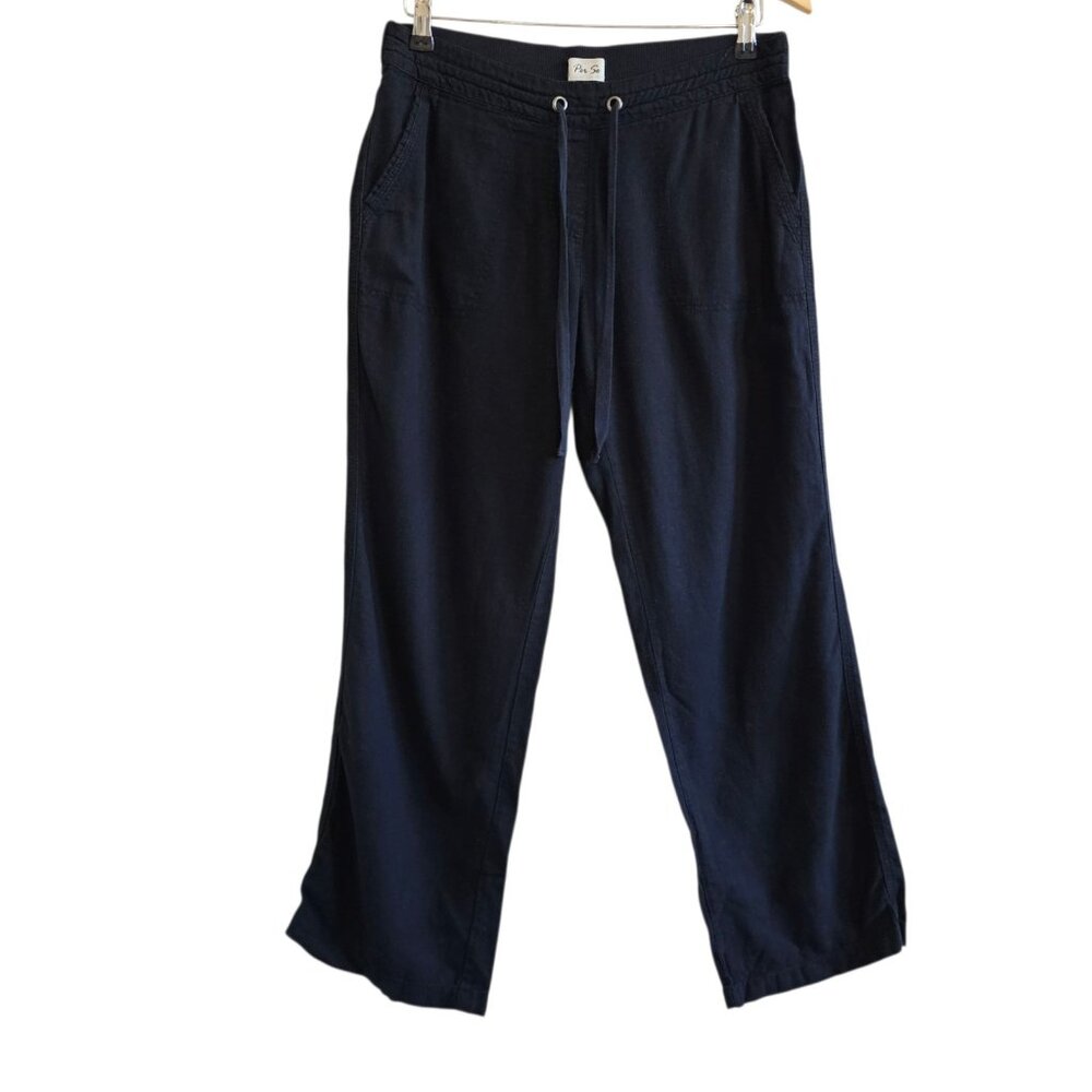Per Se Black Linen Blend Coastal Boho Classic Pull On Drawstring Waist Pants M